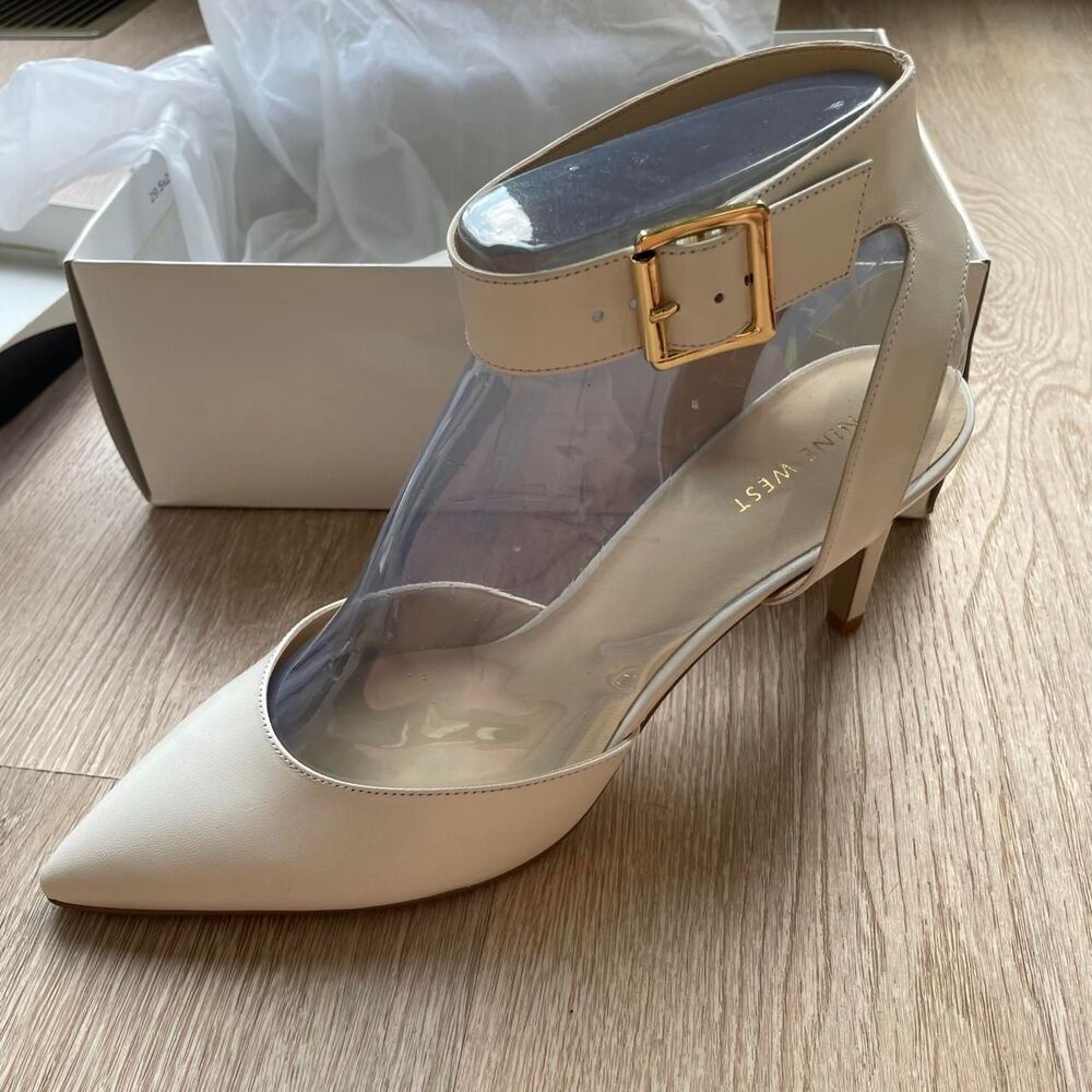 Nine West Leather Cream Pointed-Toe Heels with Gold Buckle Detail